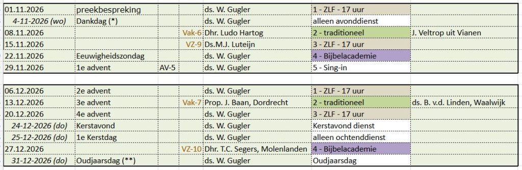 Preekrooster november en december 2026