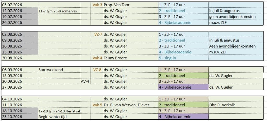 Preekrooster juli tot en met oktober 2026